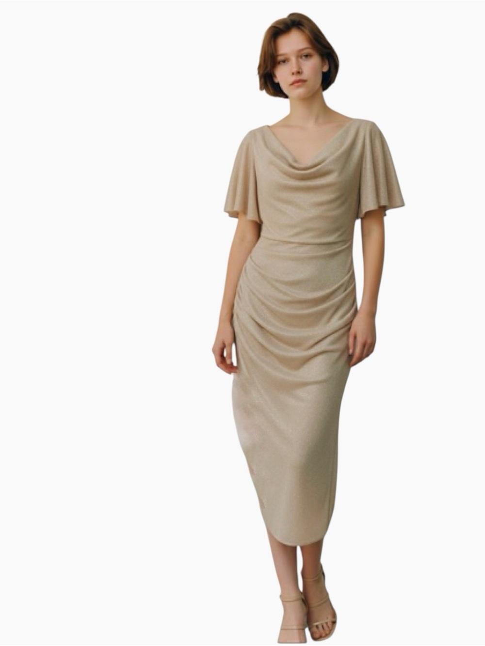 Betsy & Adams  Metallic Gold Silver Flutter Sleeves Mid Length Dress Size: 8